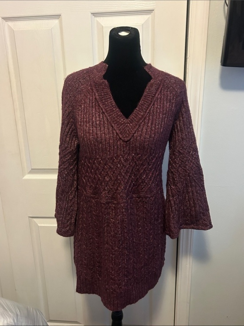 CAbi chime Plum V-Neck Cable Knit Sweater Tunic